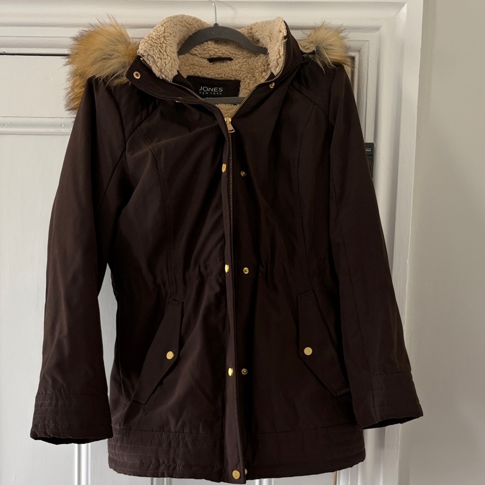 Jones New York Dark Brown Women's Ski Jacket with Faux Fur Trim
